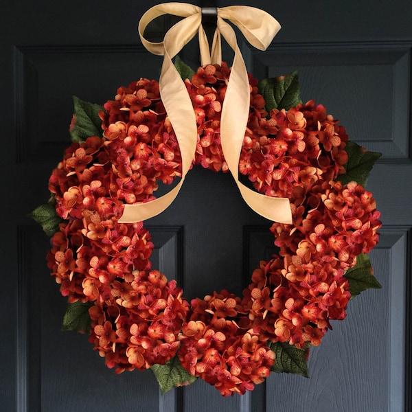Fall Wreaths | Orange Hydrangea Wreath | Porch Decor | Front Door Wreaths | Wreaths for Front Door | Fall Wreath | Housewarming Gift