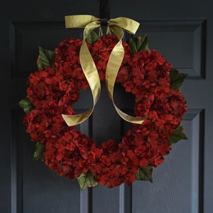 Red Hydrangea Wreath | Front Door Wreaths | Outdoor Wreath | Christmas Winter Wreath