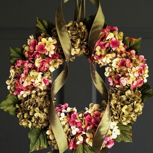 spring hydrangea wreath on a front door