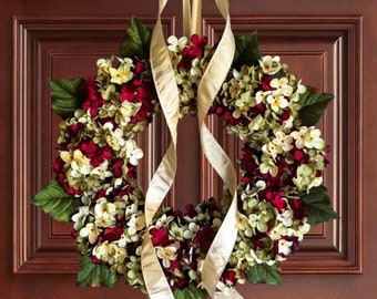 Front Door Wreaths, Best Selling Wreath, Burgundy Red, Green, and Cream Hydrangea Wreath, Year Round Wreath, Winter Wreath