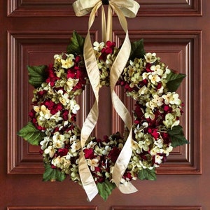Front Door Wreaths, Best Selling Wreath, Burgundy Red, Green, and Cream Hydrangea Wreath, Year Round Wreath, Winter Wreath Bild 1