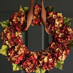 Hydrangea Wreath | Cranberry Red and Cocoa Brown Colors | Front Door Wreath | Fall Wreath