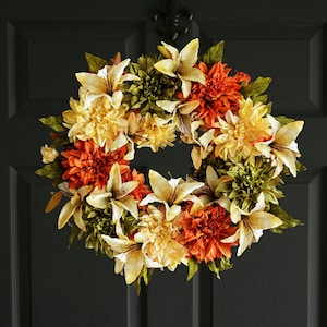 Fall Wreaths Dahlia & Lily Wreath Wreath Front Door Wreaths Outdoor Wreath Orange Wreath image 1