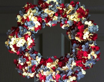 Patriotic Wreath | Vintage Color Red White and Blue Wreath | 4th of July Wreath | Large Summer Hydrangea Wreath | Memorial Day