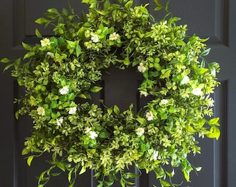 Boxwood Wreath with White Tea Leaf Flowers for Front Door