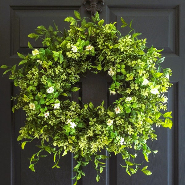 Boxwood Wreath with White Tea Leaf Flowers for Front Door