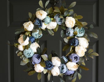 Blue and Cream Peony Wreath, Front Door Wreaths