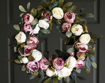 Vintage-Mauve and Cream Peony Wreath, Front Door Wreaths