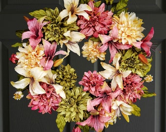 Large Spring Wreath For Front Door, Dahlia & Lily Floral Wreath