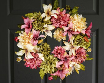 Large Dahlia Flower Wreath For Front Door | Rose Pink, Olive Green, and Warm Cream Dahlia & Lily Wreath