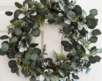 Eucalyptus and Rosemary Wreath with Lambs Ear and Blue Boxwood | Wreath for Front Door