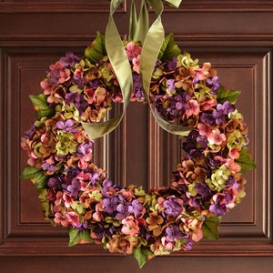 hydrangea wreath on wood door