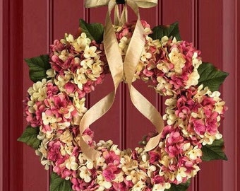 Pink and Cream Wreath , Hydrangea Wreath for a Front Door, Spring Wreath