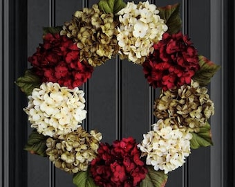 Beautiful Hydrangea Wreath | Wreaths | Door Wreath | Fall Decor | Outdoor Wreaths | Seasonal Wreaths | Red Door Wreath | Housewarming Gift