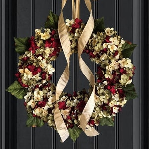 Front Door Wreaths, Best Selling Wreath, Burgundy Red, Green, and Cream Hydrangea Wreath, Year Round Wreath, Winter Wreath image 5