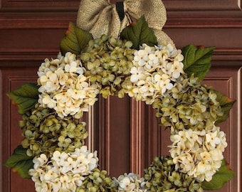 Winter Wreath | Beautiful Green & Cream Hydrangea Wreaths | Front Door Wreath | Outdoor Wreath | Door Wreath