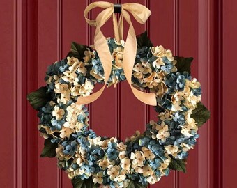 Wreath for Red Front Door | Blue Hydrangea Wreath | Spring Wreath for Front Door