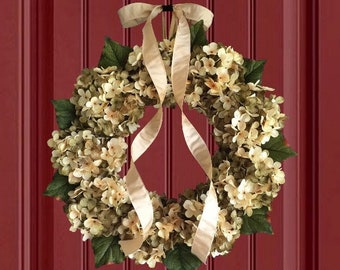 Wreath for Red Front Door | Green and Cream Hydrangea Wreath | Spring Wreath for Front Door | Everyday Wreath