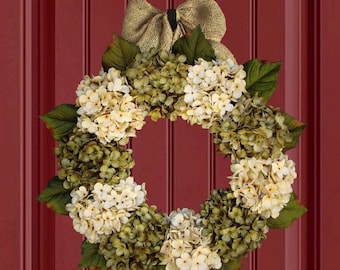 Wreath for Red Front Door | Green Hydrangea Door Wreath