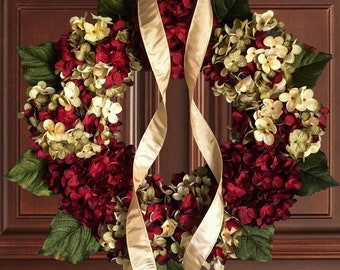 Beautiful Wreaths | Blended Hydrangea Wreath | Christmas Wreaths | Cranberry Red Hydrangea | Front Door Wreaths |
