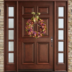 hydrangea wreath on wood door