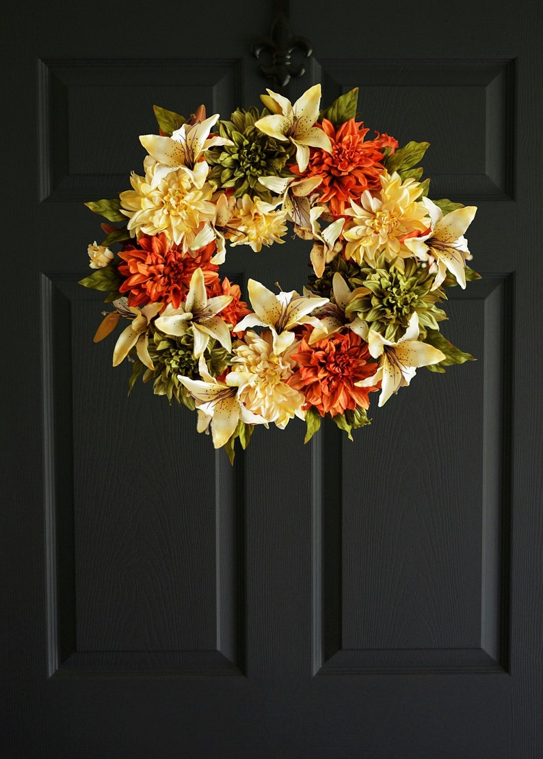 Fall Wreaths Dahlia & Lily Wreath Wreath Front Door Wreaths Outdoor Wreath Orange Wreath image 1