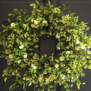 Boxwood Wreath with White Tea Leaf Flowers, Wreaths For Front Door, Farmhouse Wreath, Year Round Wreaths