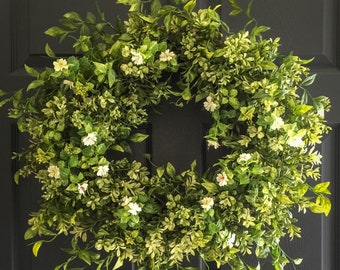 Boxwood Wreath with White Tea Leaf Flowers, Wreaths For Front Door, Farmhouse Wreath, Year Round Wreaths