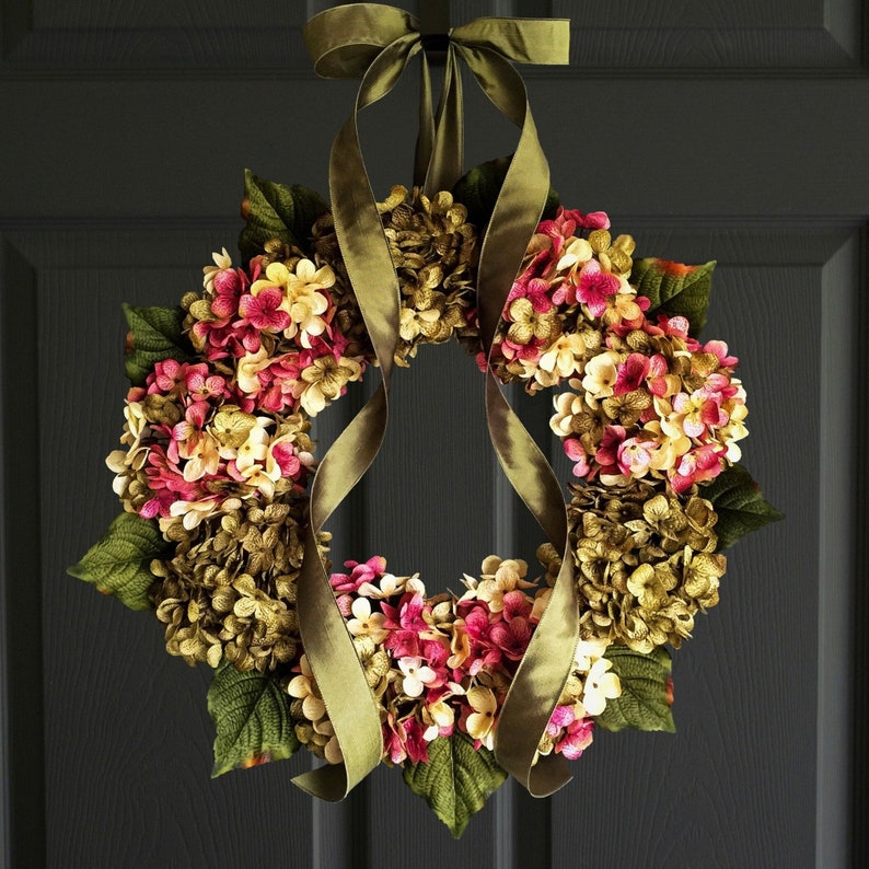 spring hydrangea wreath on a front door