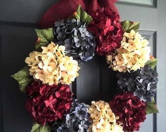 Patriotic Hydrangea Wreath | Americana Burlap Bow Decor | America's 250th Anniversary Decor