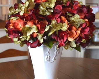 Silk Hydrangea Flowers | Burnt Orange, Olive-Green, Burgundy