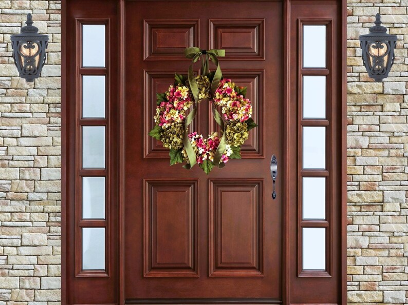 hydrangea wreath on front door