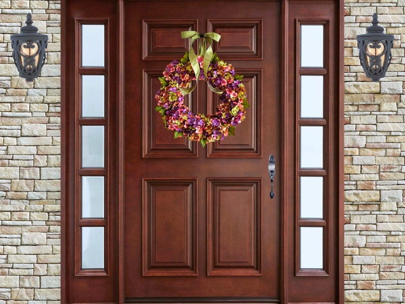hydrangea wreath on wood door