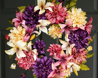 Dahlia & Lily Flower Wreath | Front Door Wreaths | Wreaths for Door | Outdoor Wreath | Home Decor