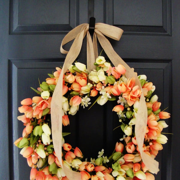 Coral color Tulip Wreath with Berry Sprigs | Spring Wreaths | Front Door Wreaths | Wreath | Tulip Wreath | Door Wreath Spring | Spring Decor