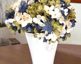Luxury Faux Hydrangea Flowers, Blue, Olive Green, Off-White
