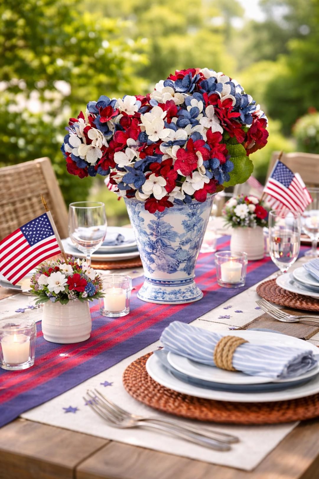 Patriotic Hydrangea Stems | Red White Blue Silk Flowers for 4th