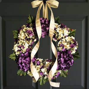 Corona de primavera para puerta de entrada, corona de hortensias moradas