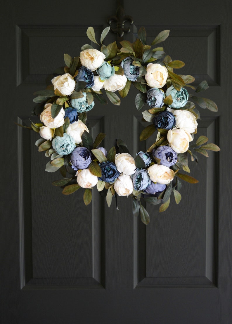Blue and Cream Peony Wreath, Front Door Wreaths image 1