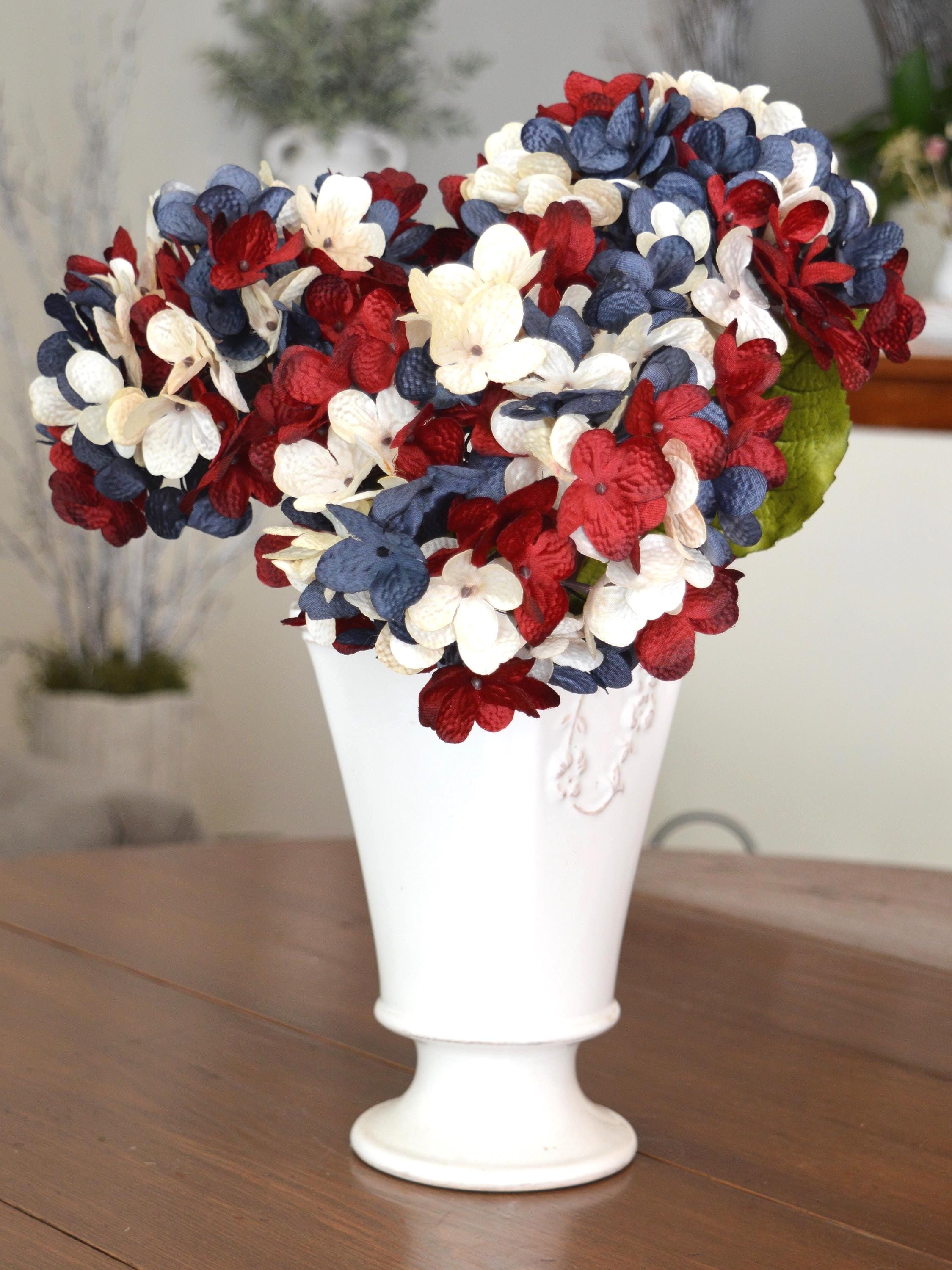 Patriotic Hydrangea Stems | Red White Blue Silk Flowers for 4th