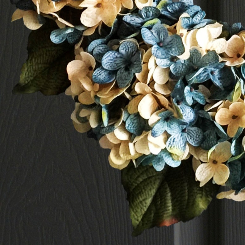 Blue and Cream Hydrangea Wreath closeup.