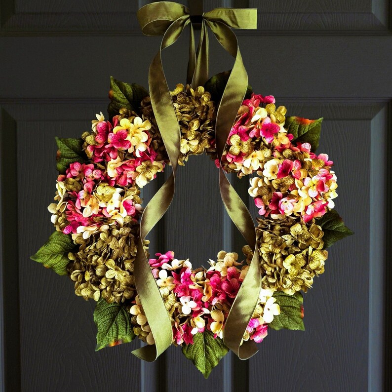 hydrangea wreath on door