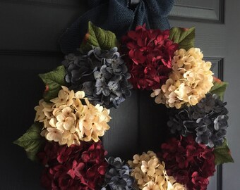 4th of July Patriotic Wreath | Americana Decor | Red, White, & Vintage Blue Wreath | Summer Wreath | Front Door Wreaths | Hydrangea Wreath