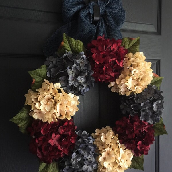 4th of July Patriotic Wreath | Americana Decor | Red, White, & Vintage Blue Wreath | Summer Wreath | Front Door Wreaths | Hydrangea Wreath