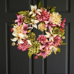 Large Spring Wreath For Front Door, Dahlia & Lily Floral Wreath image 2