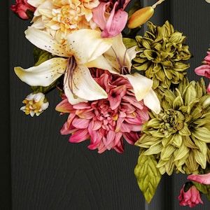 Large Spring Wreath For Front Door, Dahlia & Lily Floral Wreath image 3