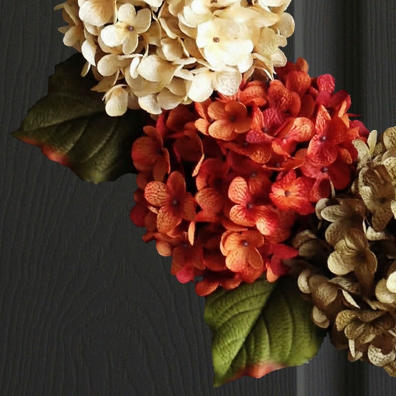 Summer and Fall Hydrangea Wreath for the front door closeup.