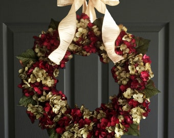 Christmas Wreath in Blended Deep Burgundy and Green | Holiday Hydrangea Wreath for Door | Christmas Decorations | Front Door Wreath