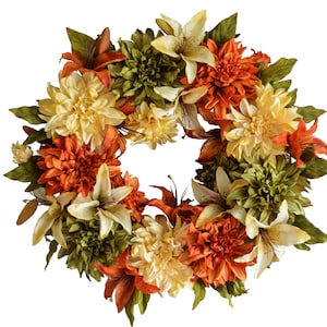 Orange And Green Wreath Front Door Wreaths Dahlia Lily Etsy