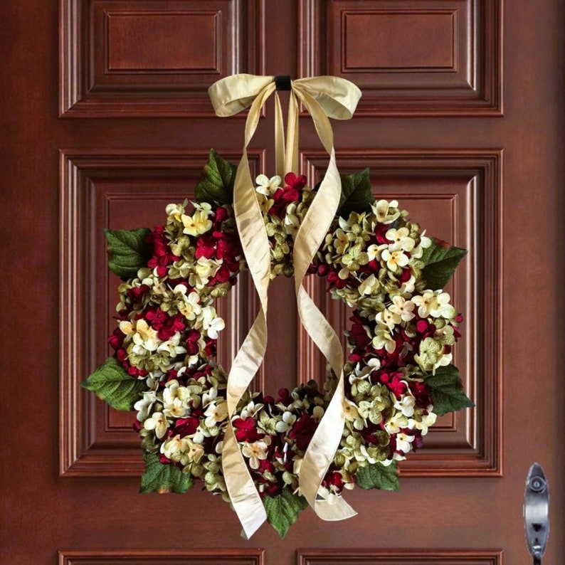 Front Door Wreaths, Best Selling Wreath, Burgundy Red, Green, and Cream Hydrangea Wreath, Year Round Wreath, Winter Wreath Bild 1